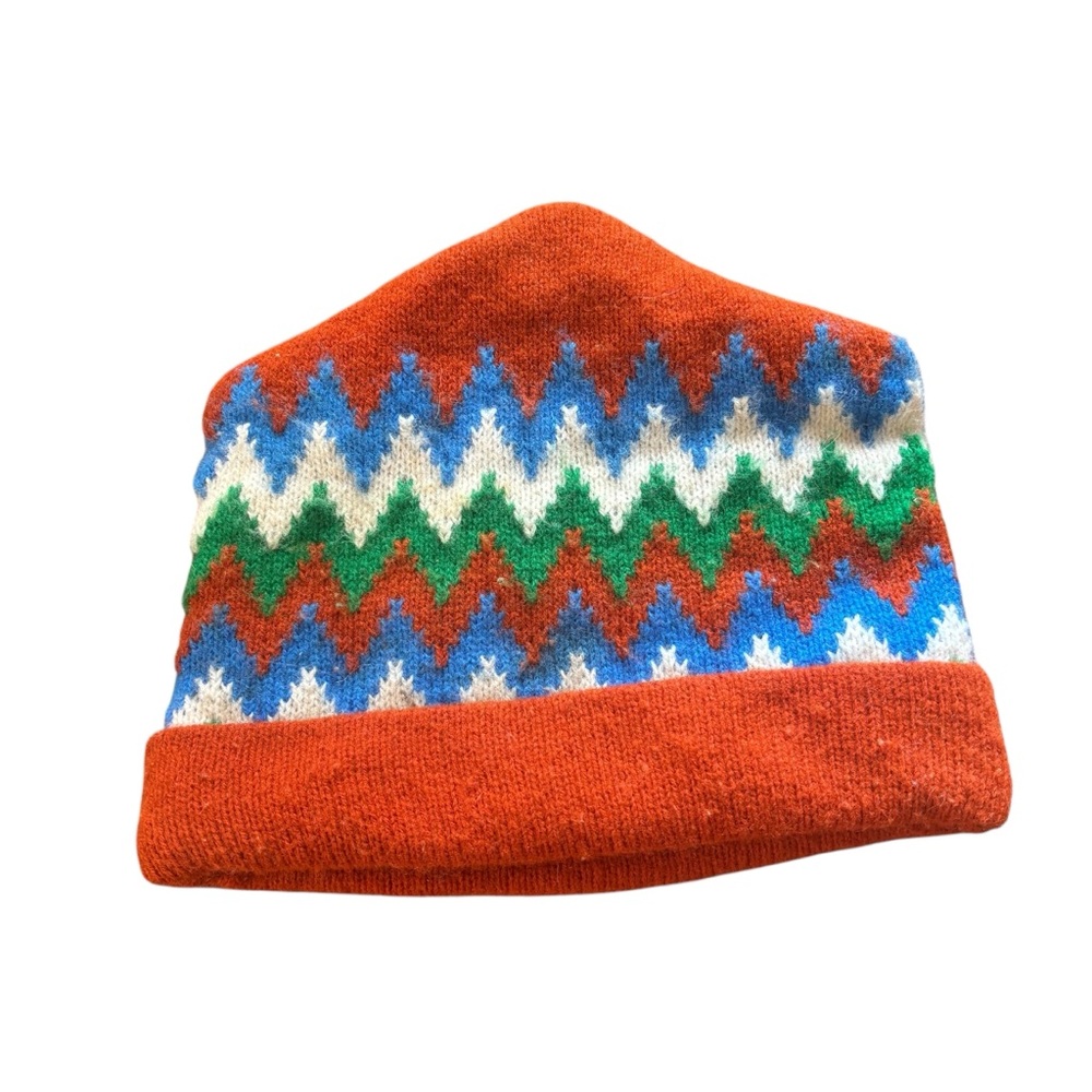 Vintage Orange Multicolor Zigzag Knit Beanie Winter Hat - Picture 3 of 4
